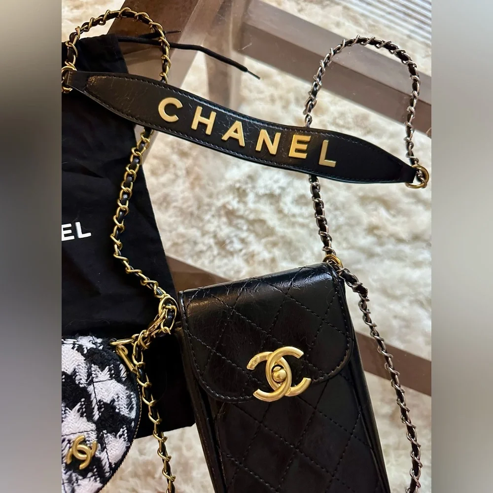 CHANEL Black Gold Logo Quilted Bag with Houndstooth Pouch Make up Bag